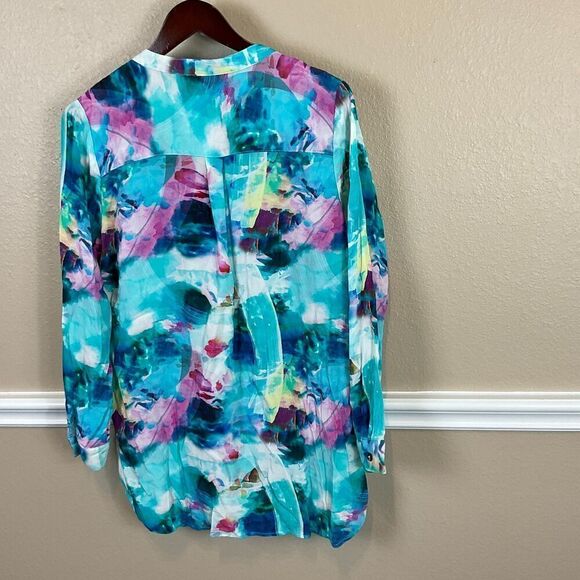 Soft Surroundings Women Top Sz L Blouse Button Up Watercolor Modern Blue Pink R3 - Picture 6 of 12